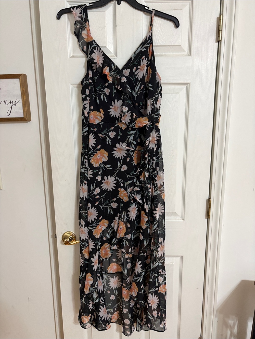 Floral High Low Sheer Hem Dress – Black Boho Midi Dress